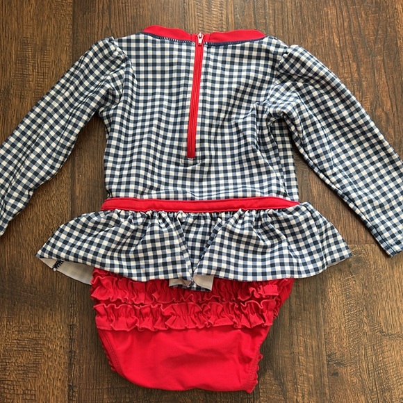 Ruffle Butts Americana gingham peplum rashguard toddler girl swimsuit - Picture 6 of 8